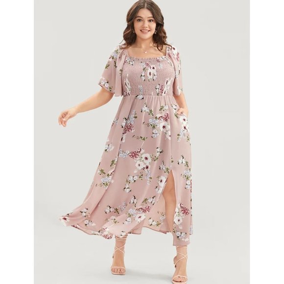 BloomChic Dresses & Skirts - NWT BloomChic Dusty Pink Floral Square Neck Ruffles Pocket Shirred Split Dress